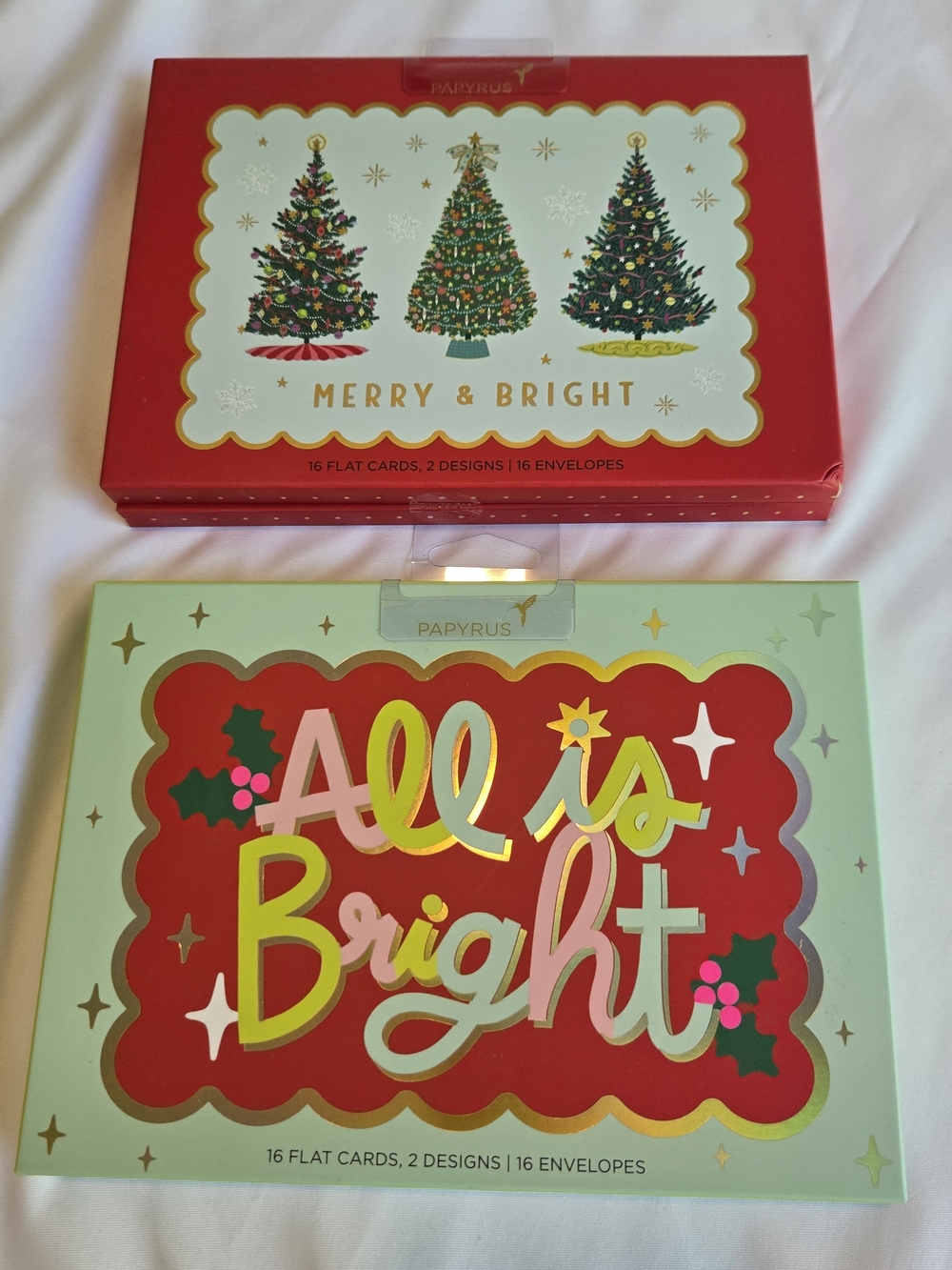 Two (2) Boxes Papyrus Flat Christmas Cards Merry & Bright Sealed 32 Cards Total